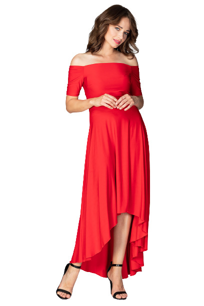 Sukienka Maxi - Asymetryczna Z Odkrytymi Ramionami - czerwona